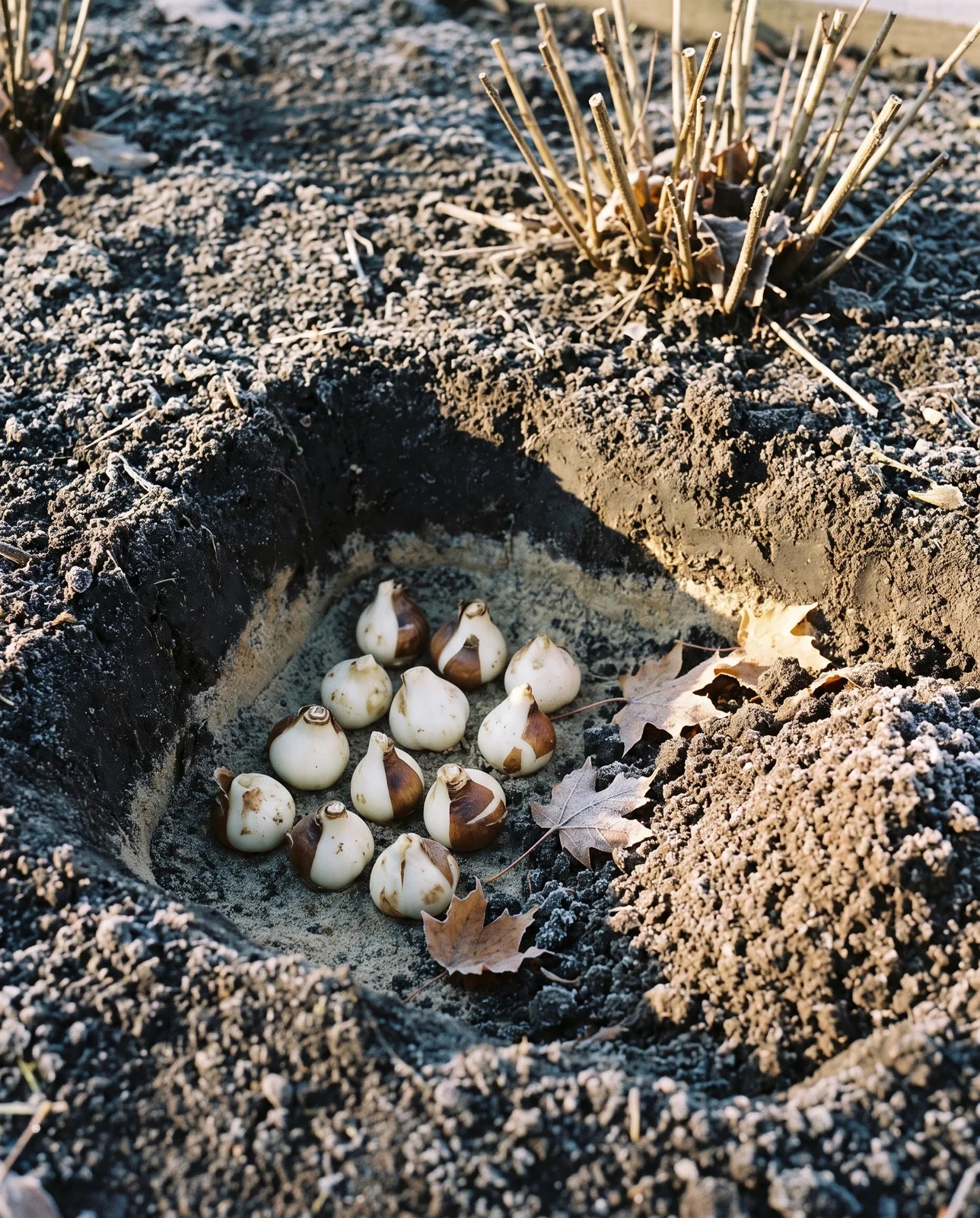 Ten small ivory squill bulbs set nose-up in a shallow scooped hollow in a bed the day after the first hard frost
