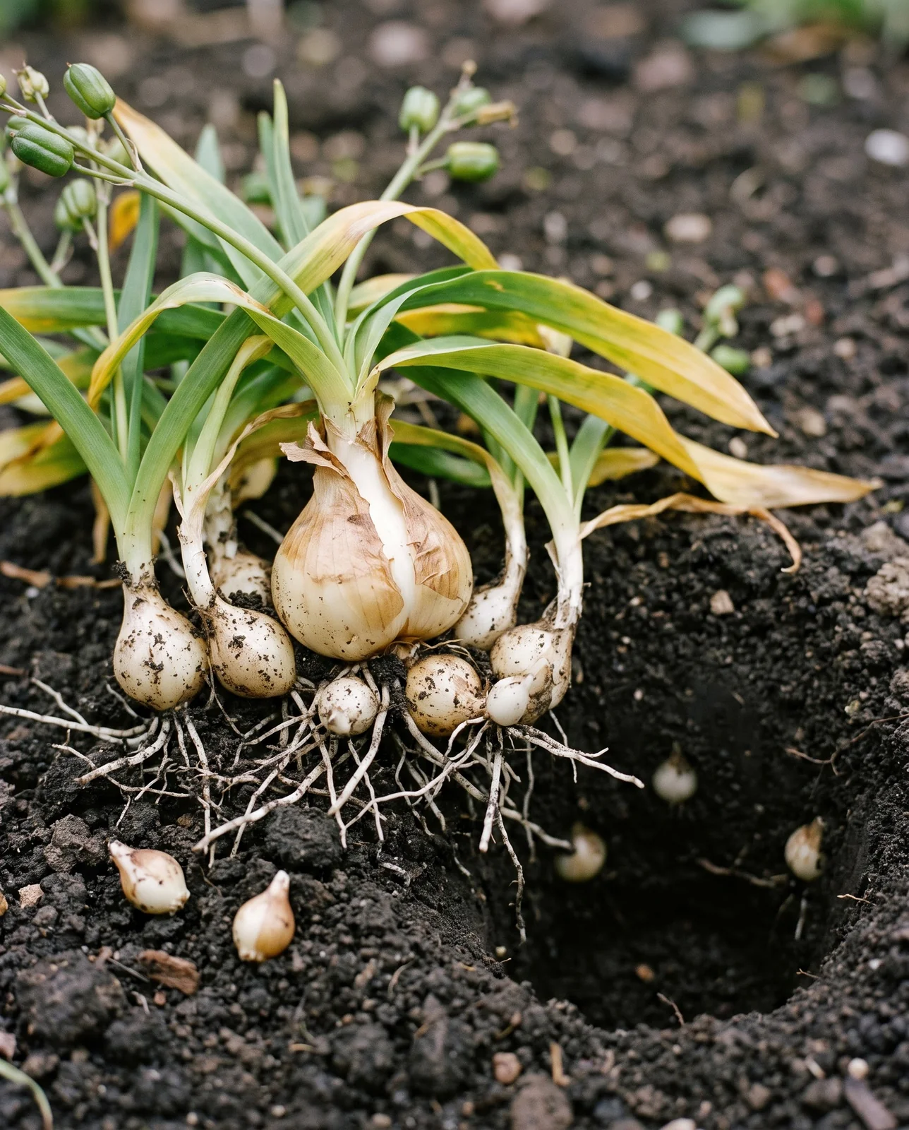 A whole squill clump out of the ground showing a mother bulb fused with seven offsets of every size, beside the dark socket it left