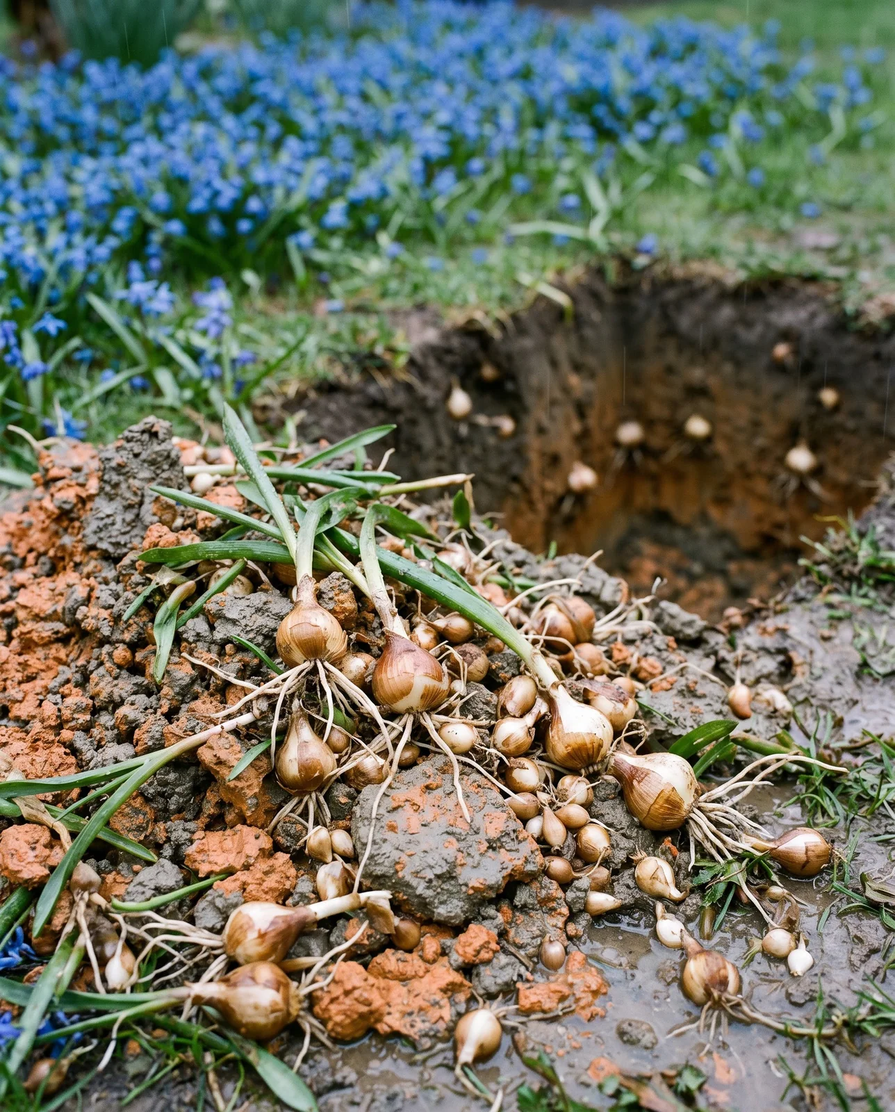 A heap of turned clay beside an opened square of lawn, seventy squill bulbs of every size lying in it, more visible deep in the cut wall
