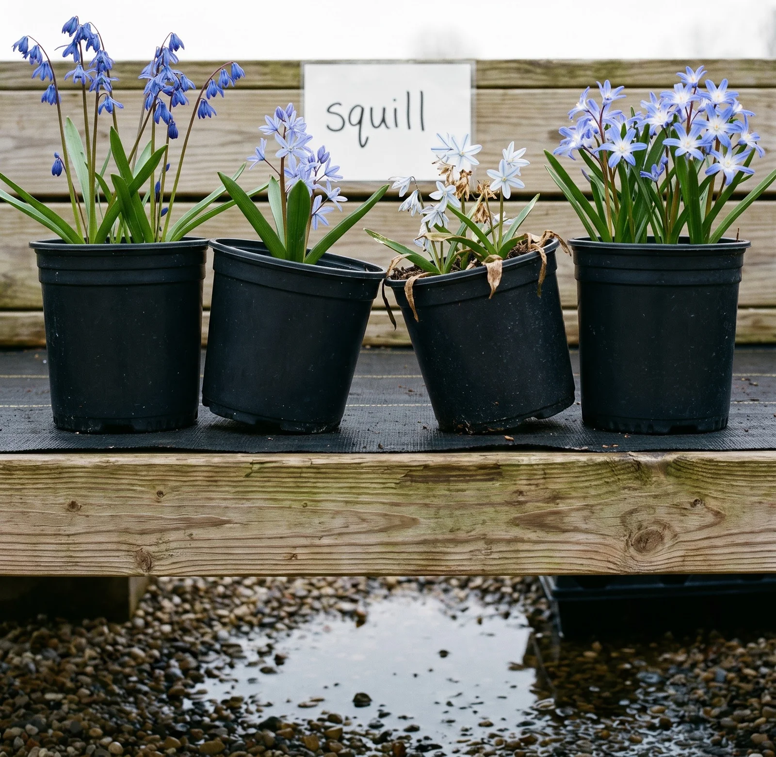 Four unlabelled black nursery pots in a row on one bench, each a different squill in flower, all sold under the same name
