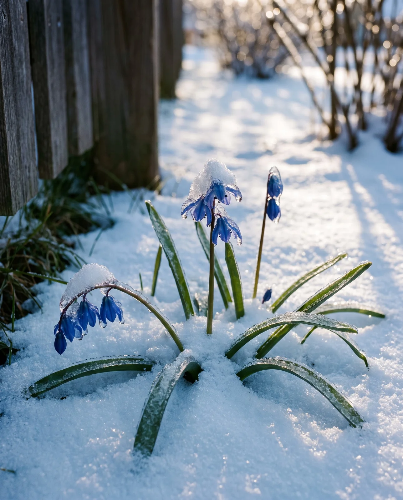 Open blue squill flowers standing undamaged under fresh snow and clear ice after a hard late April freeze at sunrise