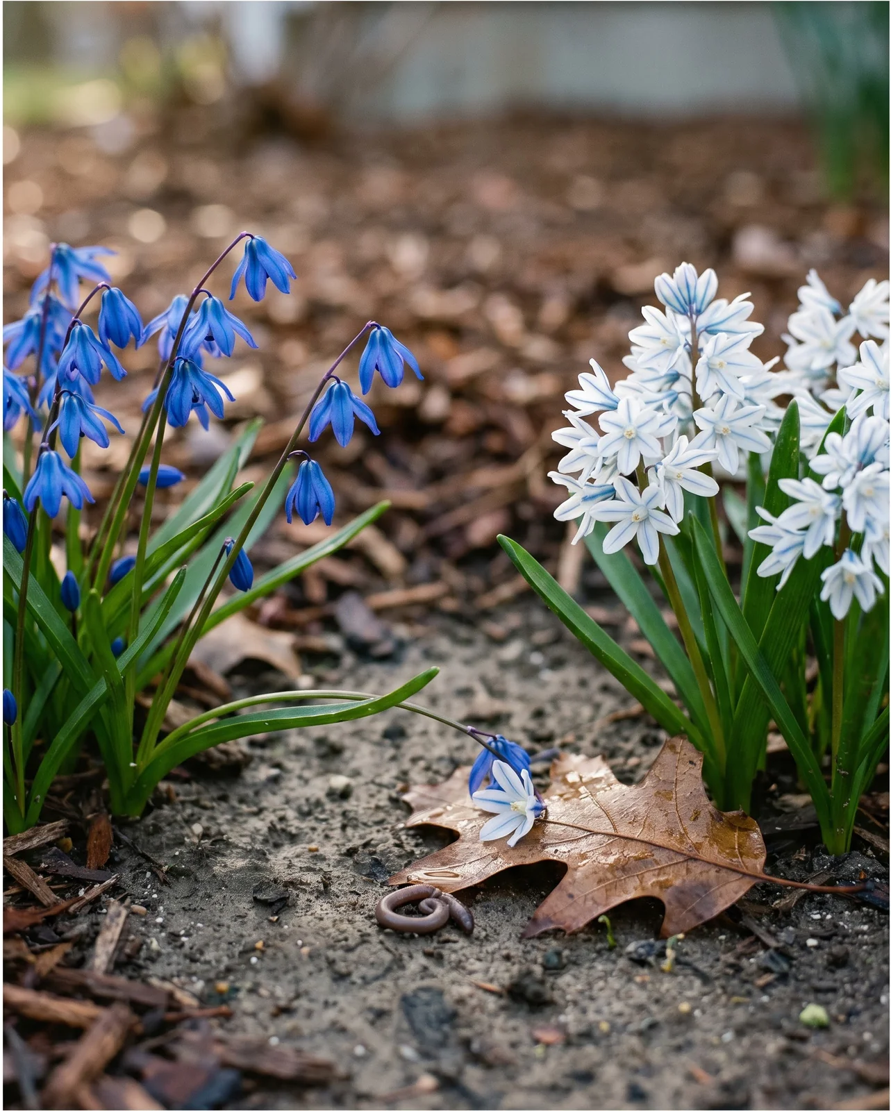 Deep blue nodding Siberian squill and pale upright striped squill growing eighteen inches apart in one bed, shot square on