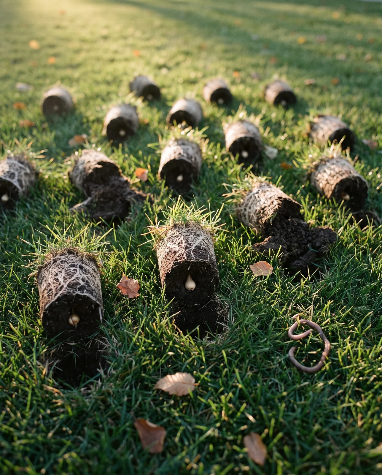 Round cores of turf laid on a lawn beside their own holes, a single ivory bulb sitting at the bottom of each hole