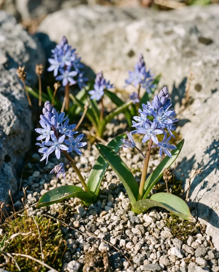 Alpine squill in a gritty raised rock bed, short one-sided spikes of upward-facing mid blue stars above two clasping leaves