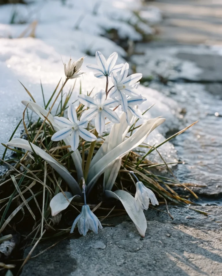 Pale ice-blue star flowers with a deep steel stripe on each petal, open in late February beside a limestone walk with snow still melting