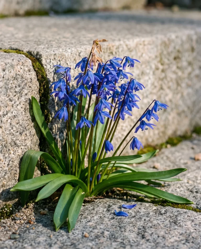 An established clump of Siberian squill in deep cobalt at the foot of a granite step, raking morning sun