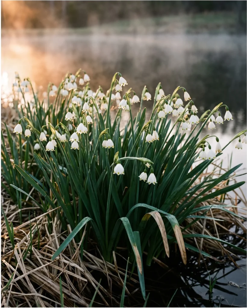 A drift of white green-tipped snowflake bells flowering at the misty margin of a farm pond at sunrise