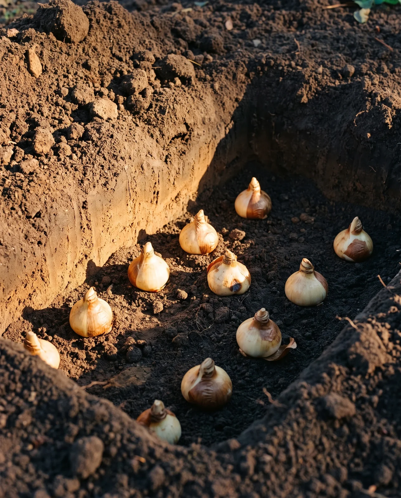 Nine sound pale bulbs resting nose-up in an open planting pocket with the cut soil face showing the depth