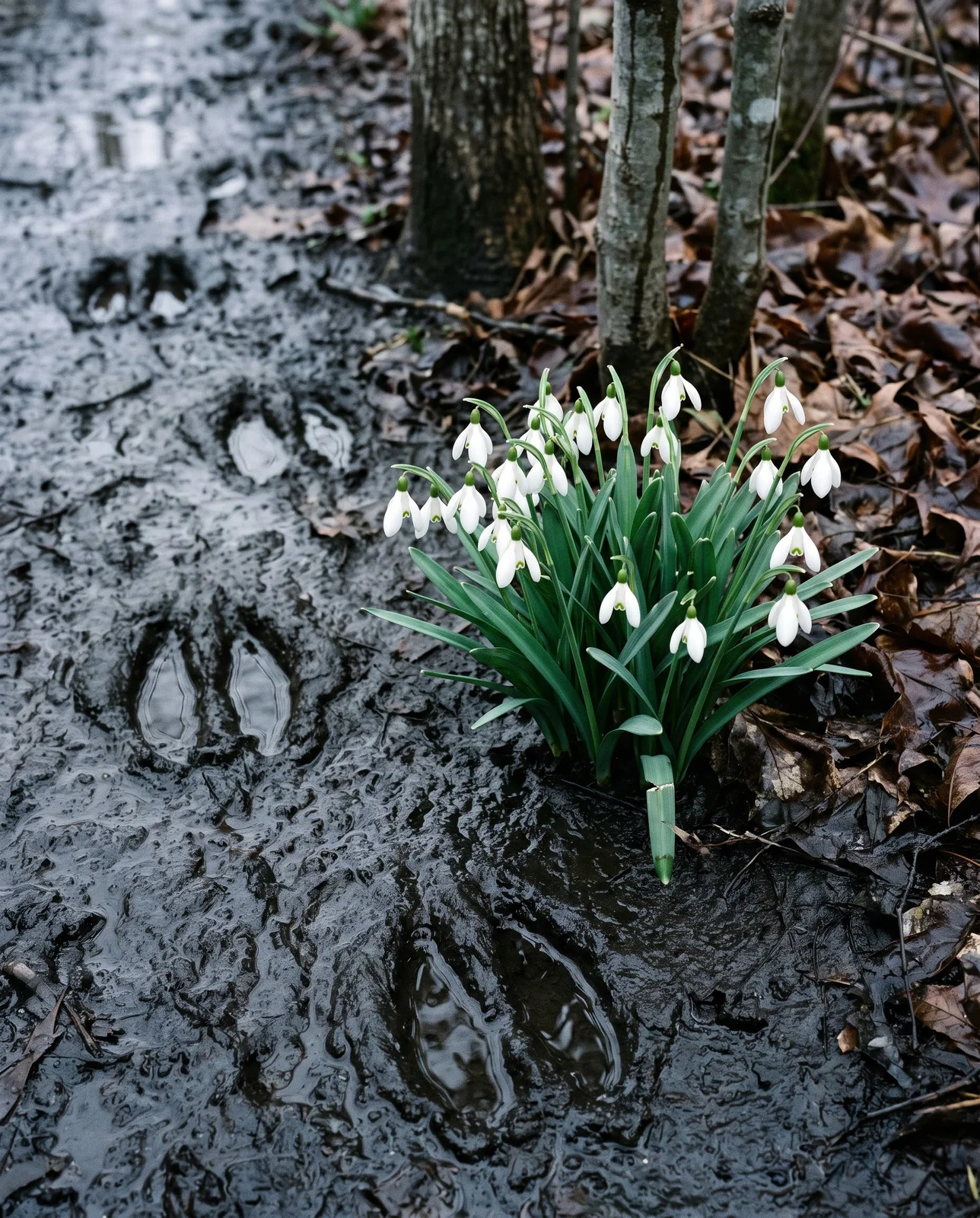 Split-hoof deer tracks pressed into wet mud a few inches from an untouched flowering snowflake clump