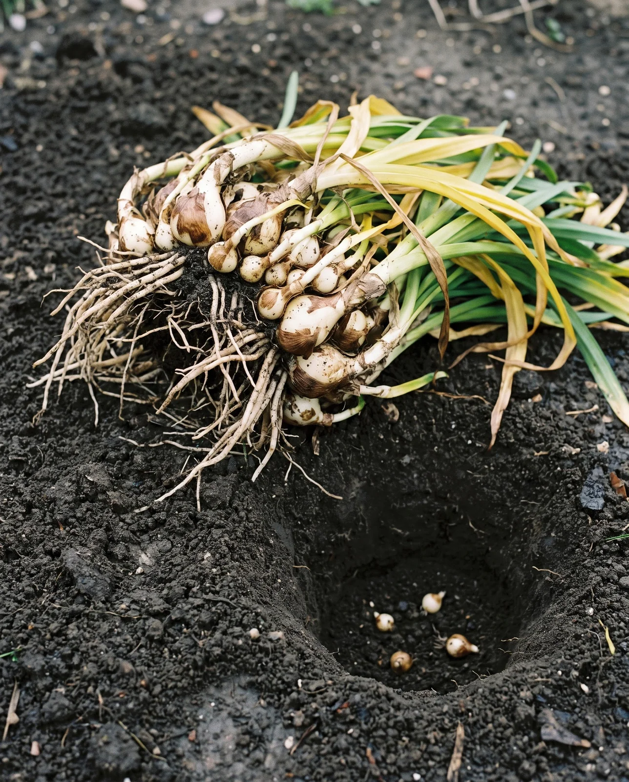 A lifted snowflake clump on turned soil beside the hollow it came out of, mother bulbs ringed with offsets
