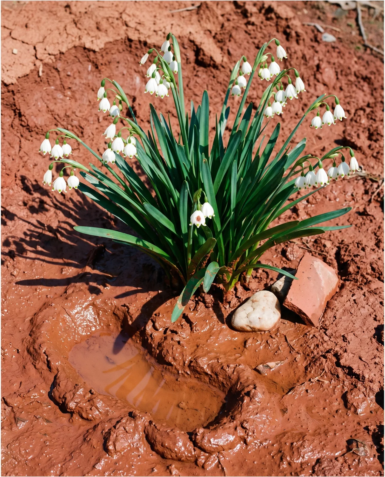 A thriving snowflake clump growing straight out of heavy wet red clay after rain