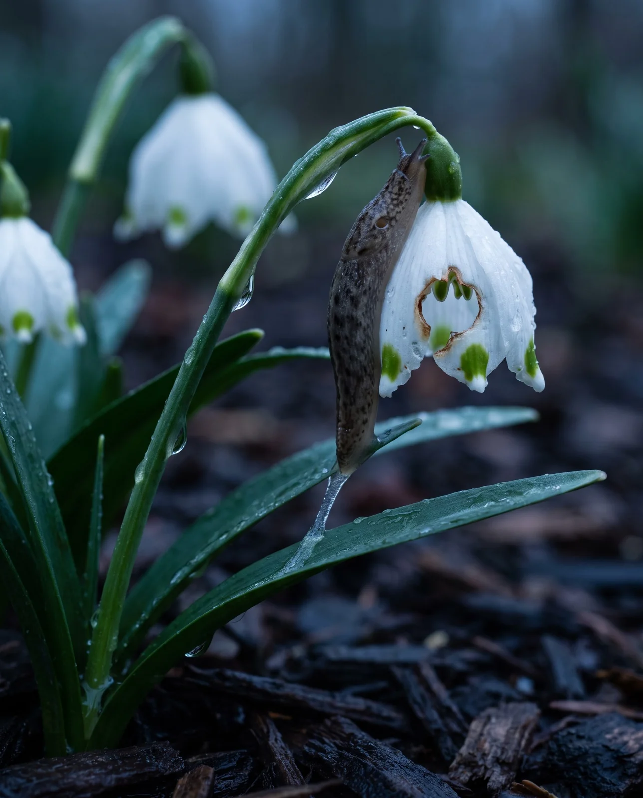 A grey slug on a white snowflake bell with a rasped hole eaten through one segment