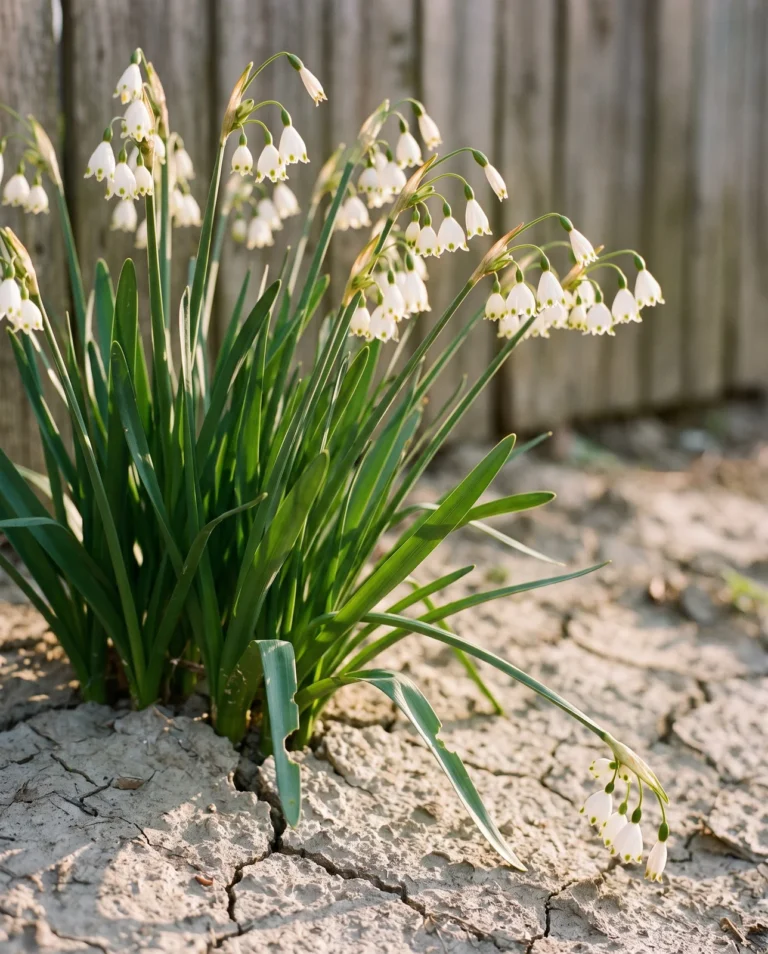 Summer snowflake standing tall on a clay bank, each stem carrying a cluster of several hanging bells