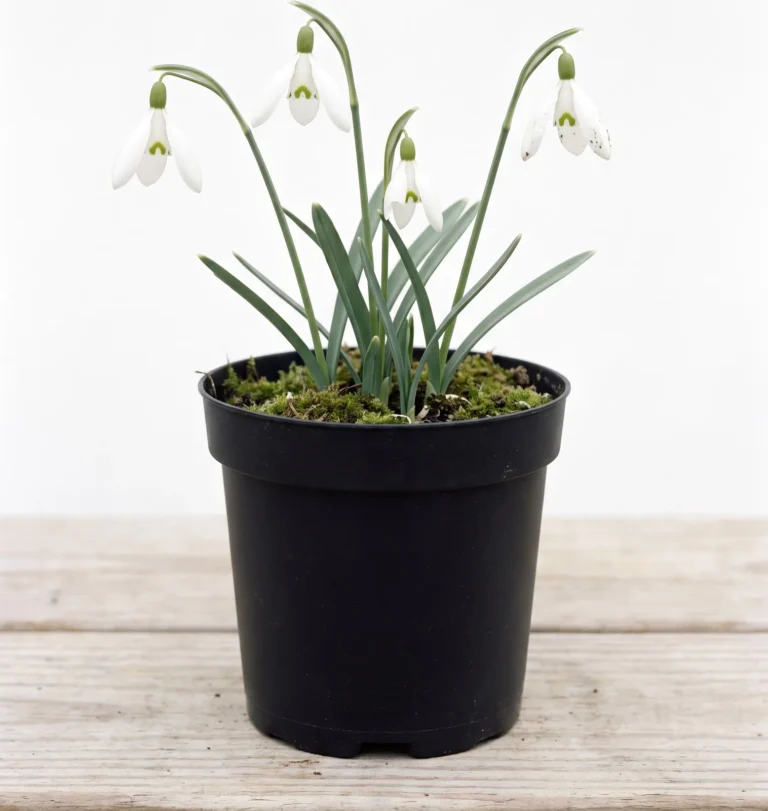 A potted common snowdrop with one solitary flower per stem, three long outer segments and three short inner ones marked with green