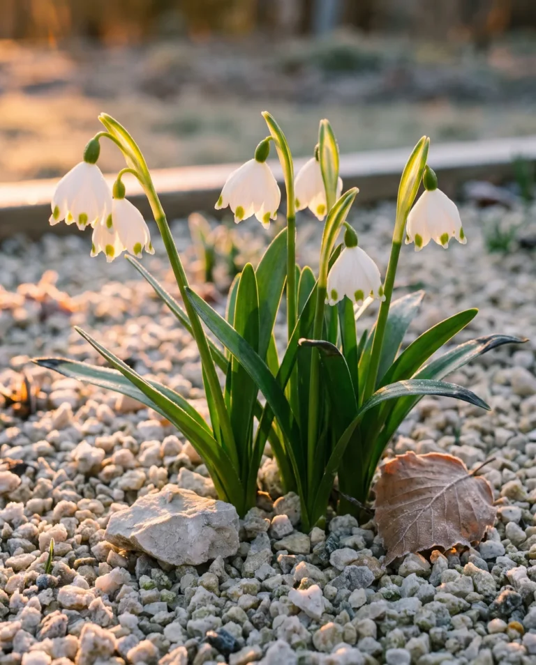 Spring snowflake, a short clump carrying one broad bell per stem, in a gritty raised bed at frost sunrise