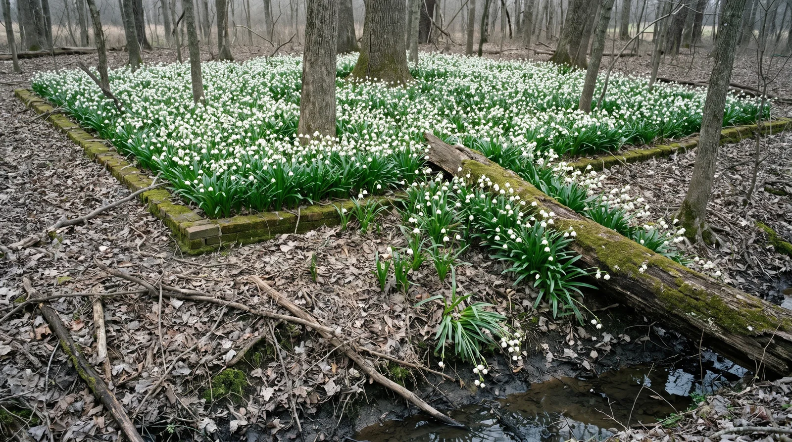A long naturalized drift of snowflake running from an old garden bed down through bare hardwoods toward a creek