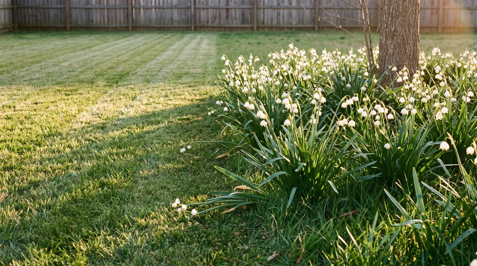Snowflake flowering in mown lawn grass with a fresh mower stripe stopping short of the colony