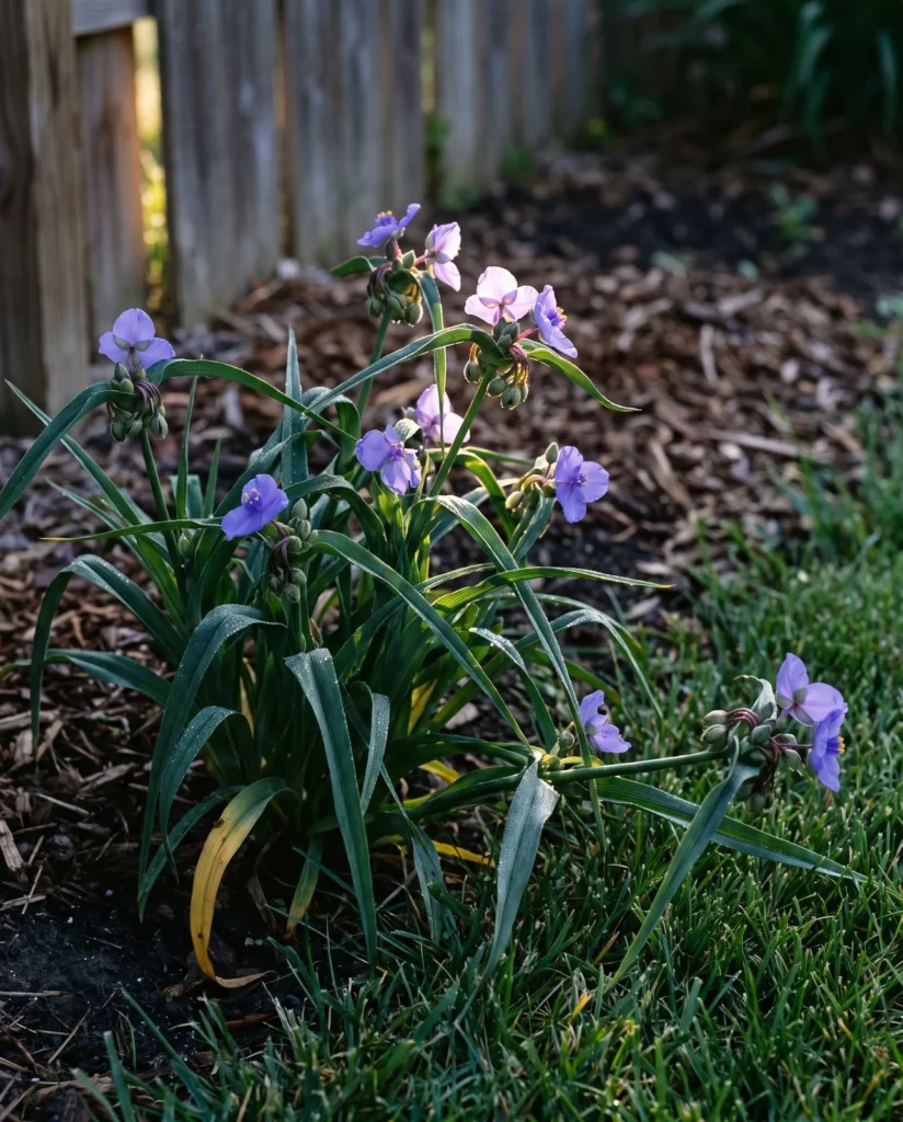 A two-foot clump of blue-violet spiderwort in full flower at the front of a planting on a dewy June morning