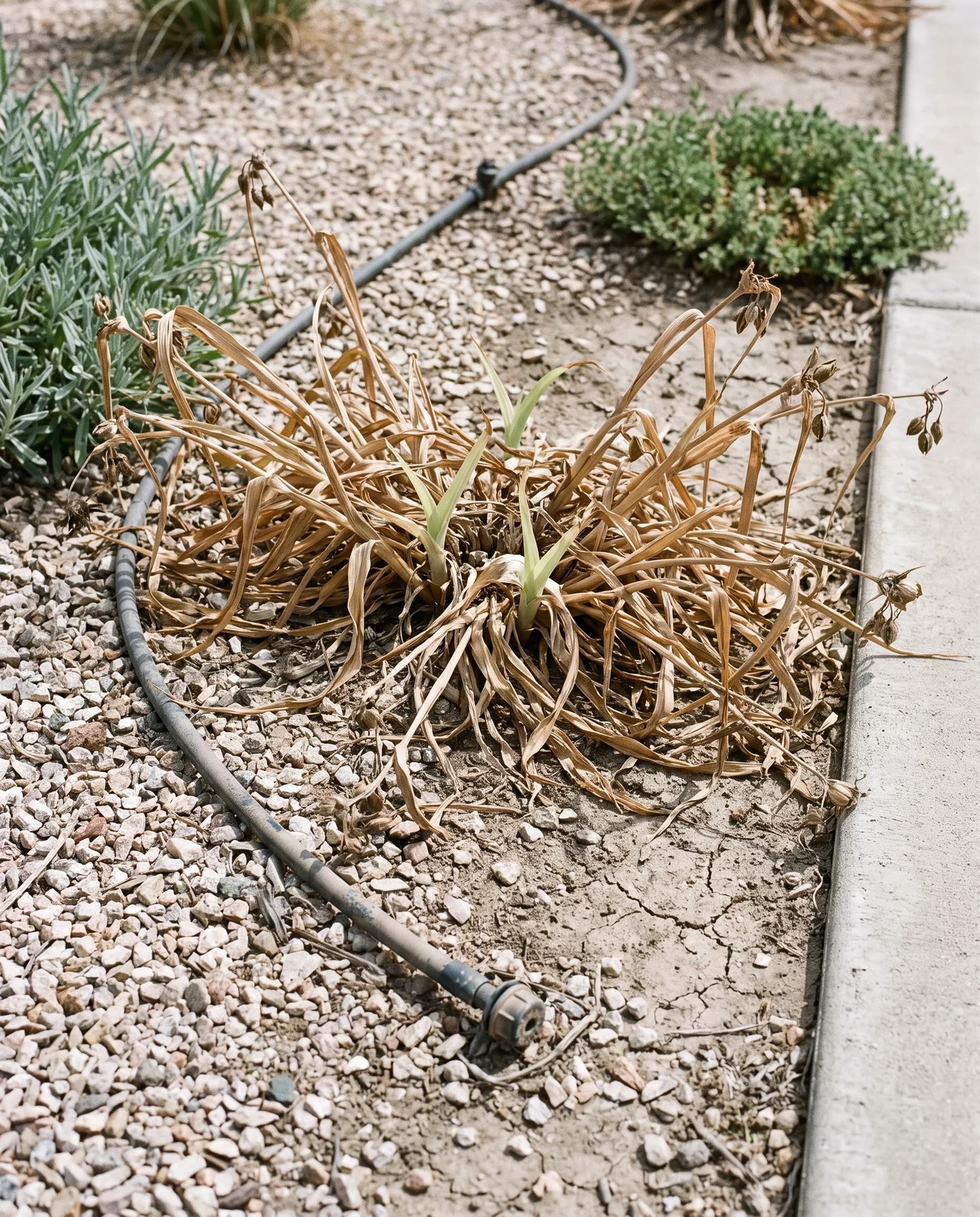 A spiderwort clump collapsed to brown straw in a hot dry August bed while neighbouring plants stay green