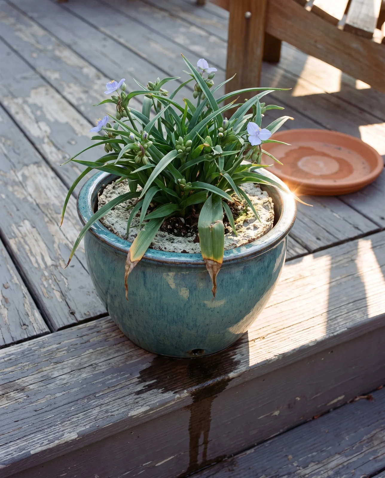 A compact spiderwort in a glazed pot on a deck step with the potting mix shrunk away from the rim