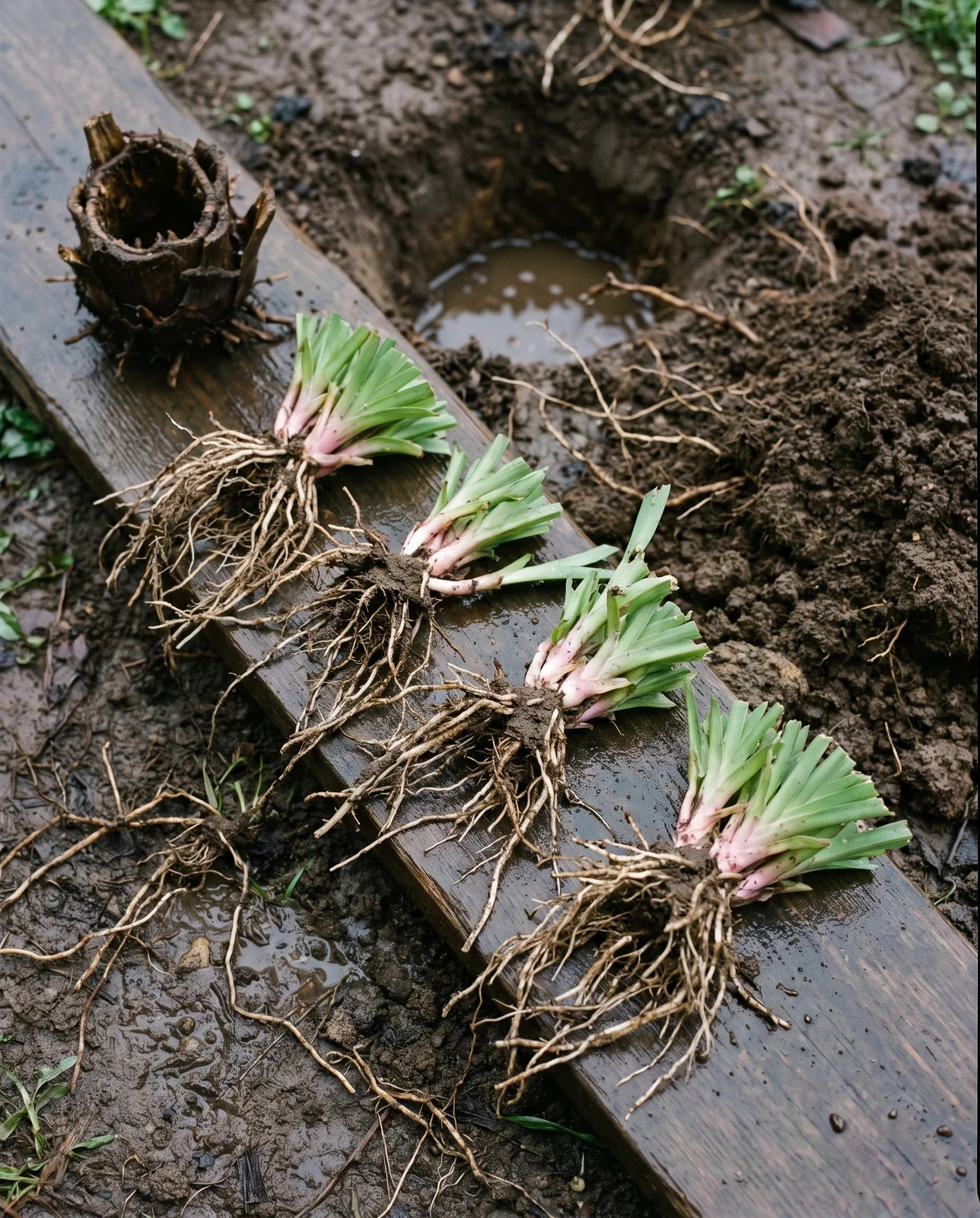 A lifted spiderwort clump split into four rooted pieces on wet ground with the dead centre set aside