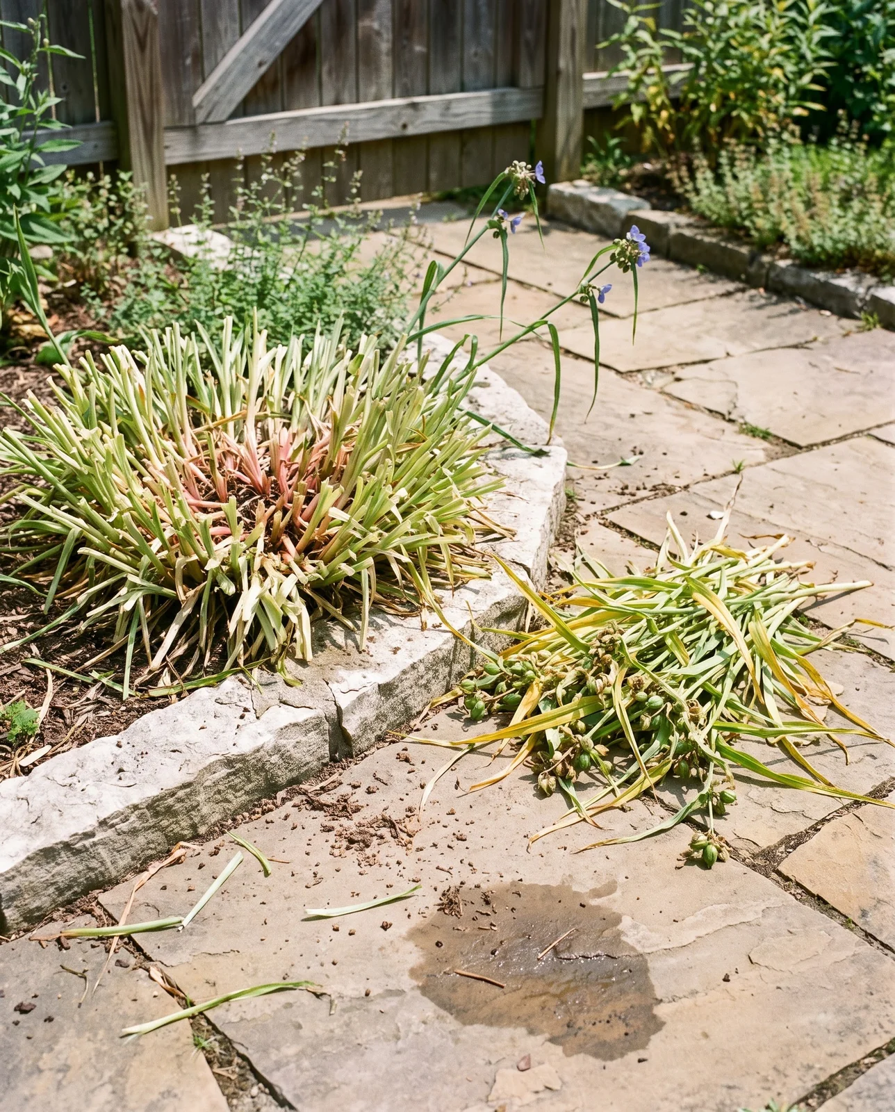 A spiderwort clump cut down to eight inches of stubble with the sheared foliage lying beside it in July