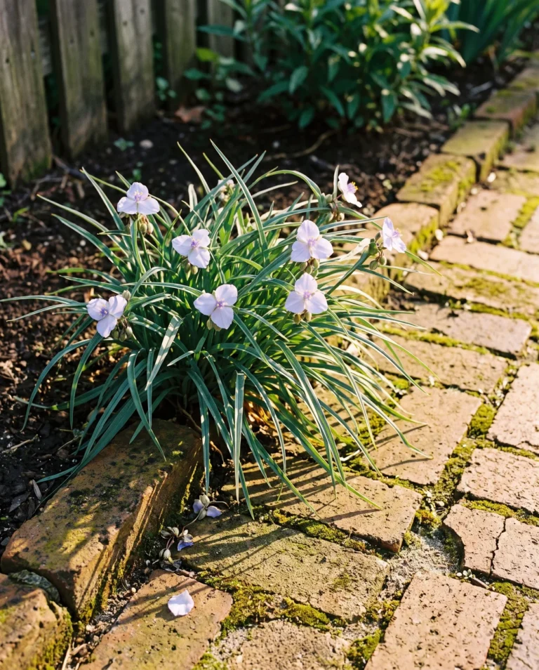 The low spiderwort 'Bilberry Ice' in pale lavender flower along the edge of a brick path