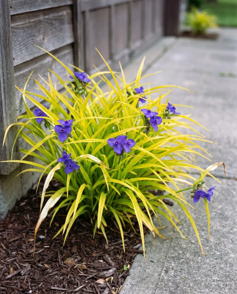 The gold-leaved spiderwort 'Blue and Gold' with blue-violet flowers over chartreuse foliage