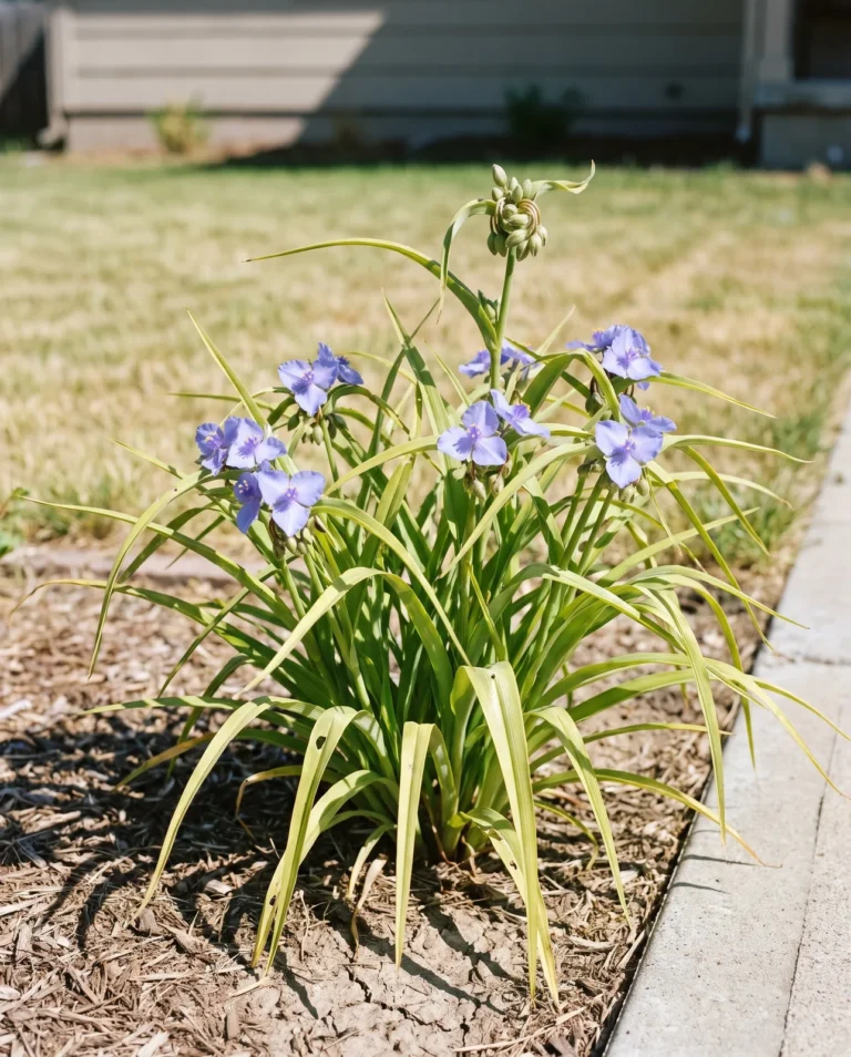 The gold-leaved spiderwort 'Charlotte's Web' in soft blue flower in an open bed in full sun