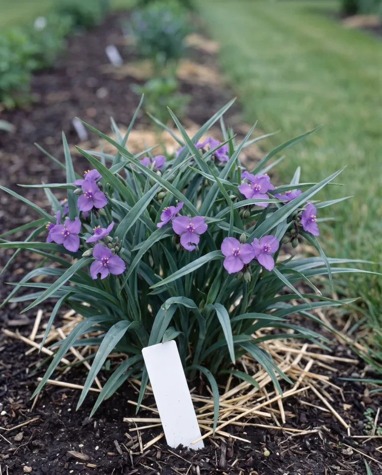 The spiderwort 'Concord Grape' with medium purple flowers over blue-green foliage in a trial bed