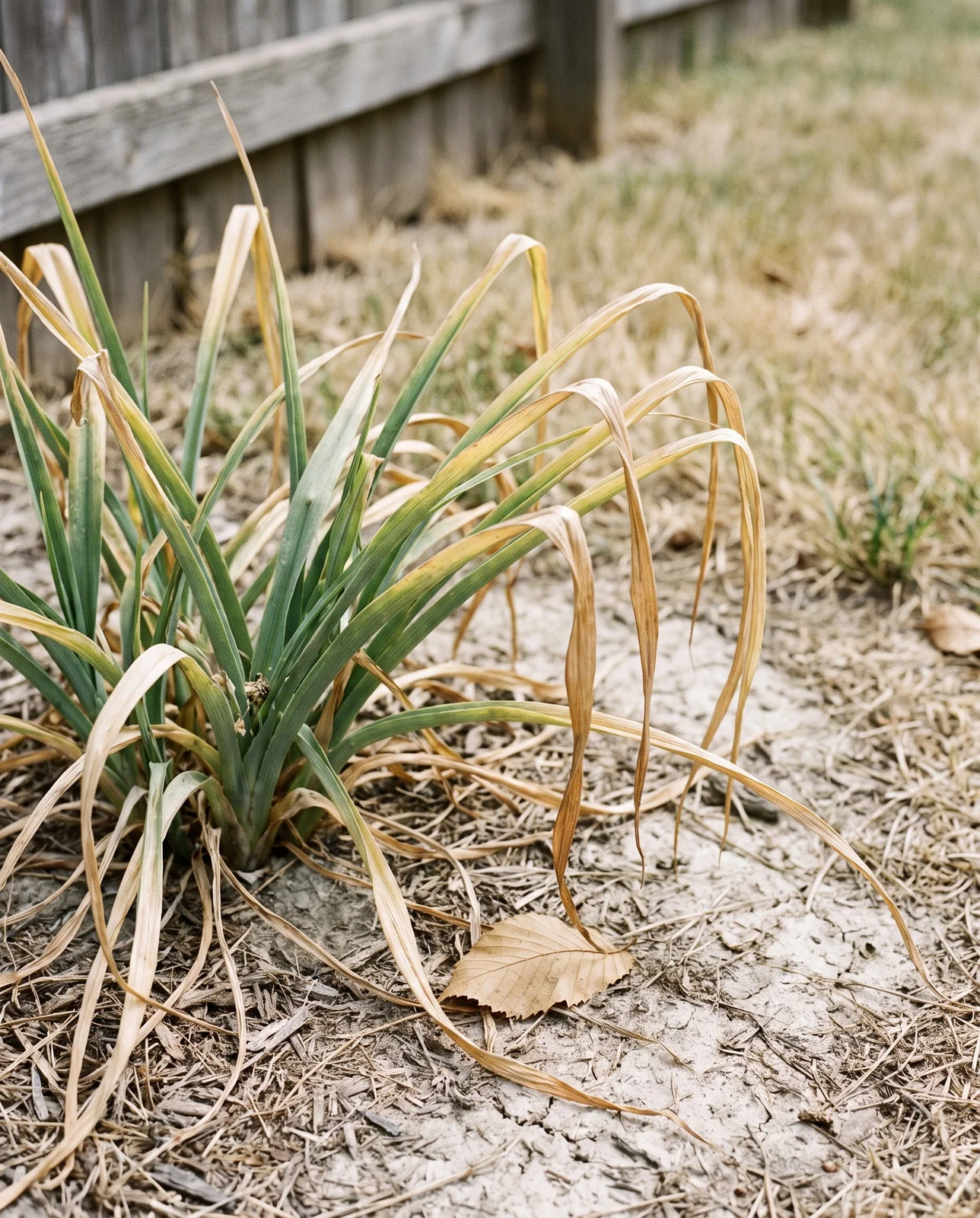 Spiderwort leaves yellowing and browning along their outer lengths in dry August soil