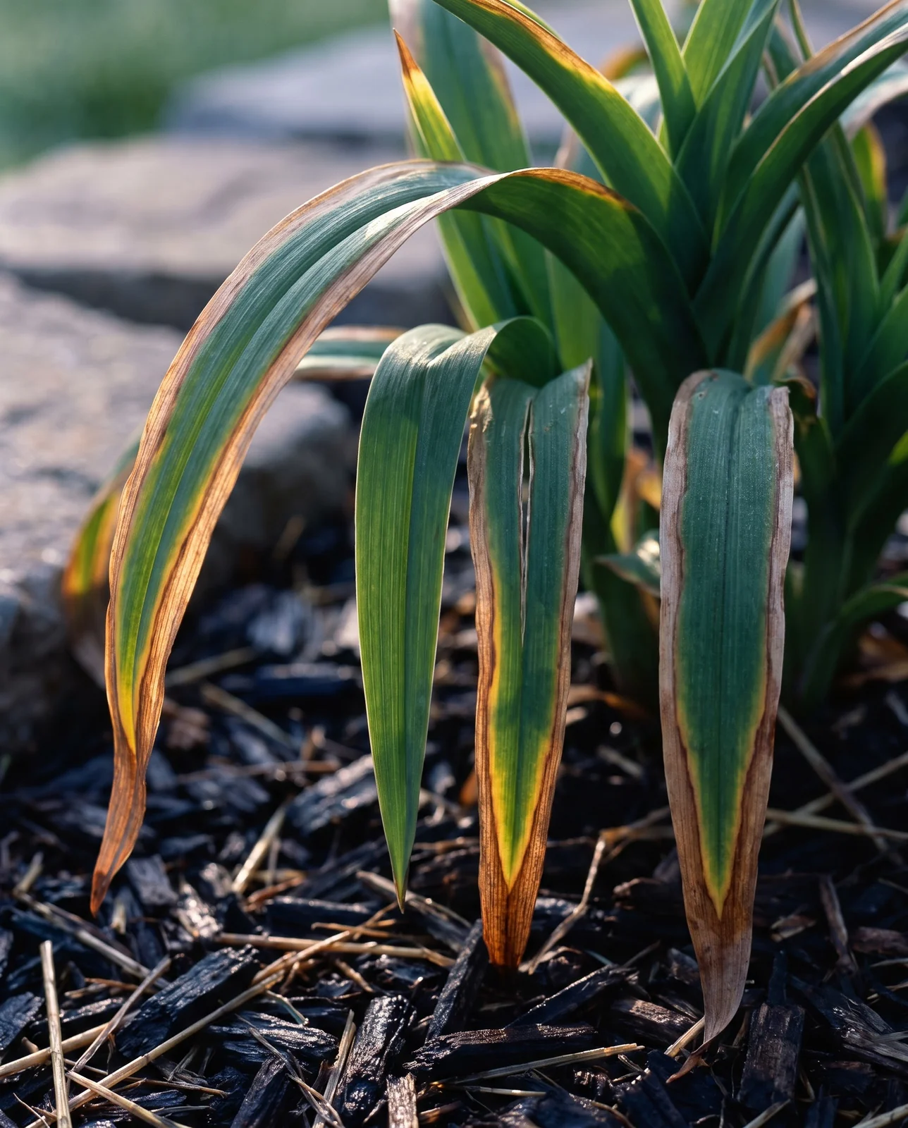 Spiderwort leaves with dried brown margins and tips after a late frost, the blade centres still green