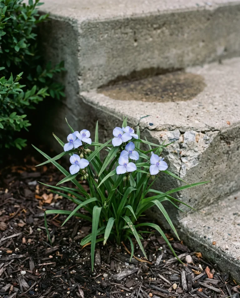 The miniature spiderwort 'Little Doll' in light blue flower beside concrete front steps