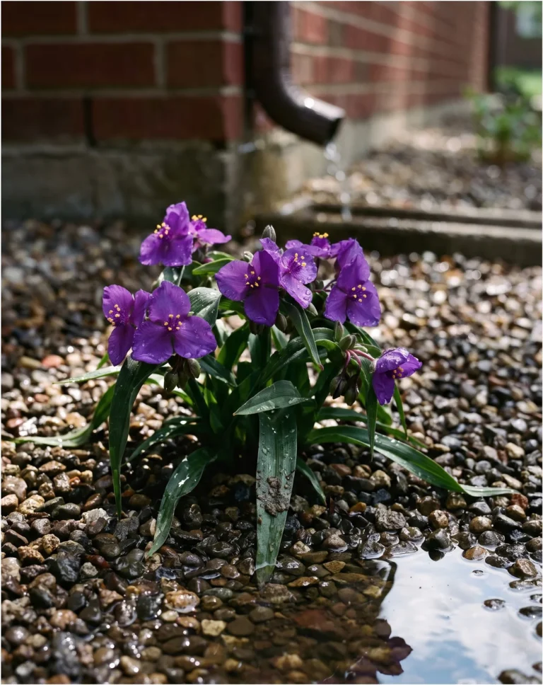 The compact spiderwort 'Purple Dome' in deep purple flower in a gravel-mulched bed after rain