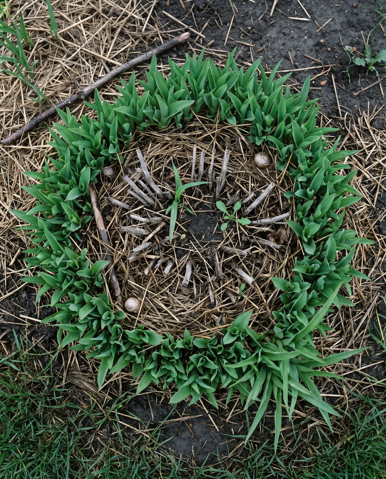 An old spiderwort clump with a dead hollow centre and a living ring of new shoots around the outside