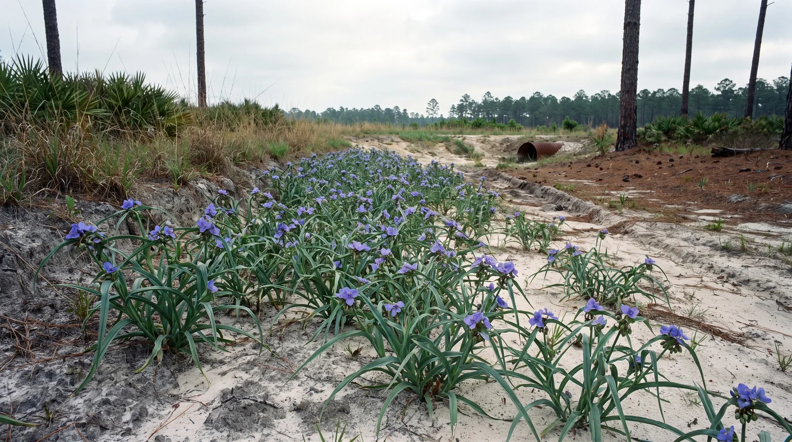 Ohio spiderwort colonising the disturbed sandy edge of an old road cut through Florida pine flatwoods