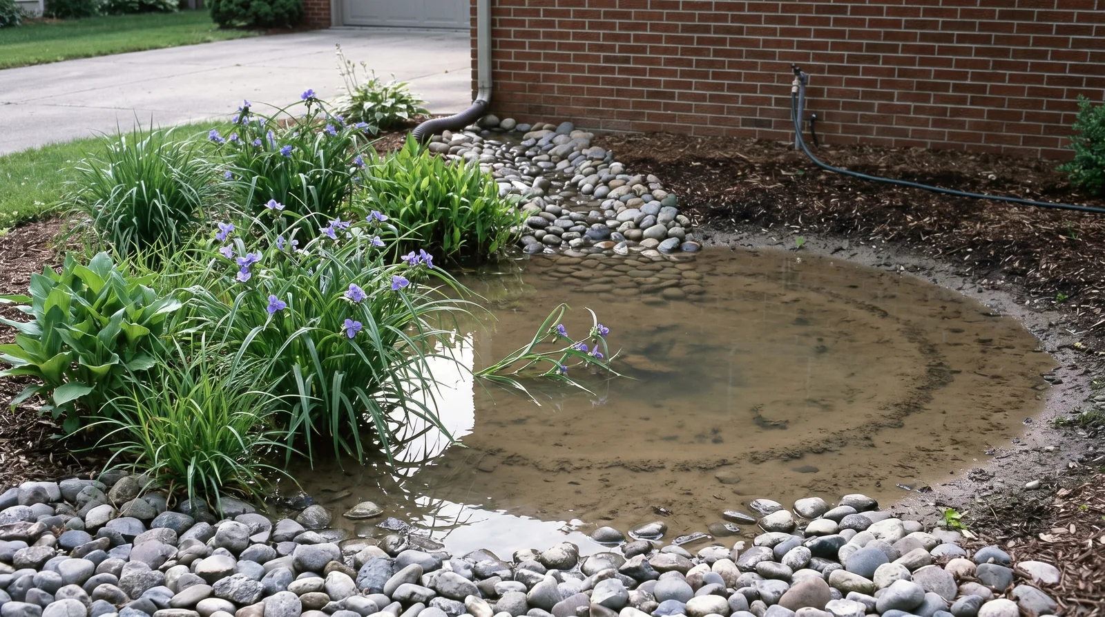 A shallow front-yard rain garden basin with a drift of spiderwort along its damp shelf after overnight rain