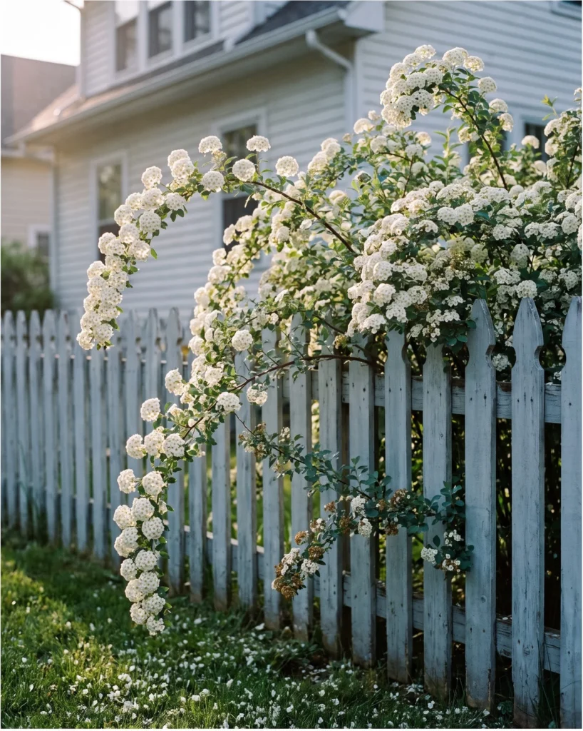 A tall arching white spirea in full flower leaning over a picket fence at an old clapboard house in May