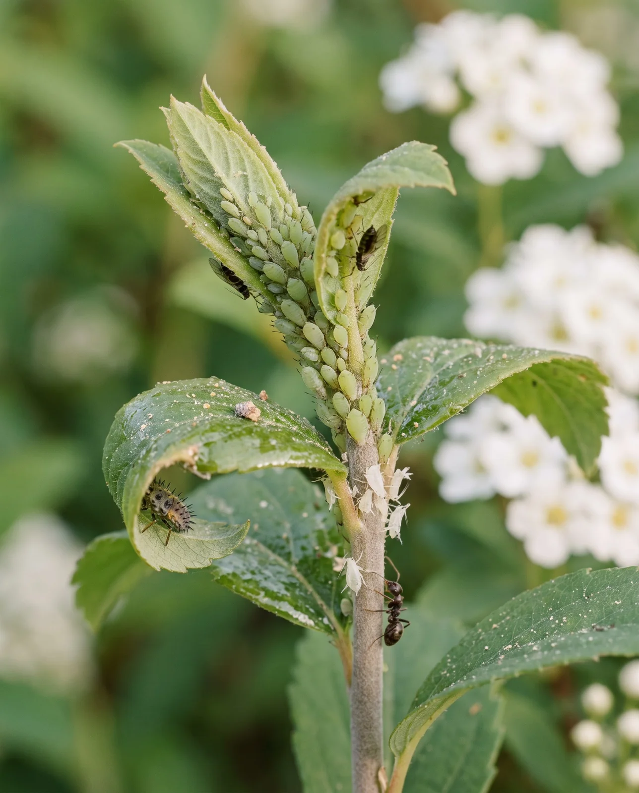 Pale green aphids packed along a soft spirea shoot tip in May with cast skins stuck to the stem below
