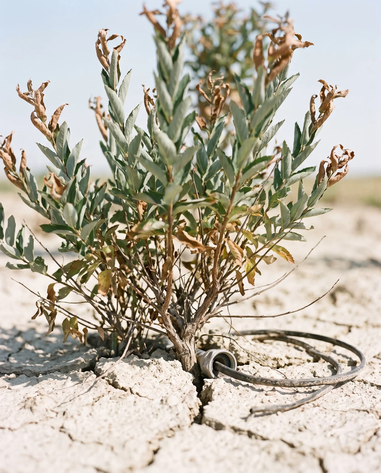 A drought-stressed spirea with folded grey-green leaves and crisp brown tips over cracked pale soil