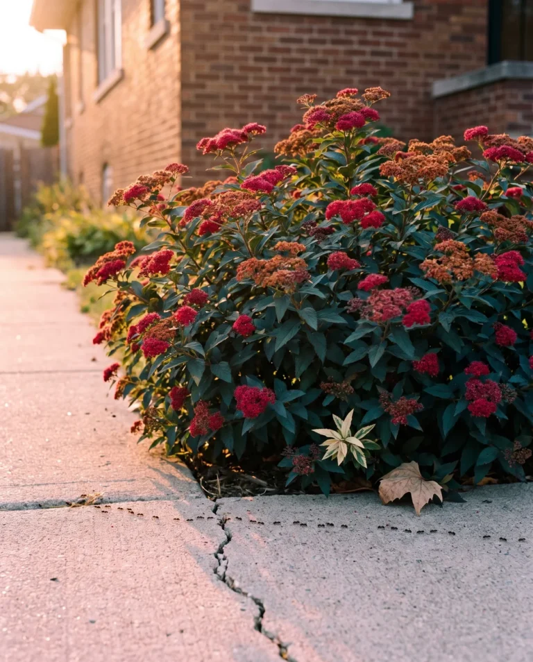 Carmine-red flat flower heads of Anthony Waterer spirea above bronze-green leaves beside a cracked concrete walk