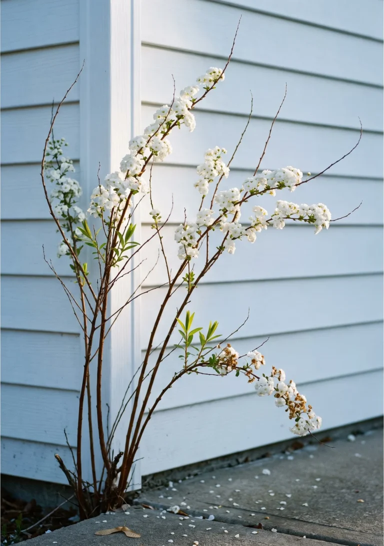 Double white bridalwreath spirea florets sitting directly on bare brown branches in April, backlit