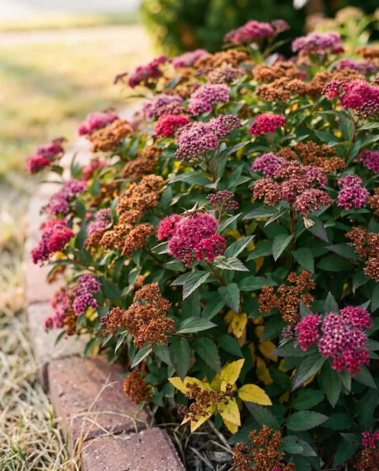 A Double Play Doozie spirea still flowering in September with fresh red-purple heads beside rust-brown old ones