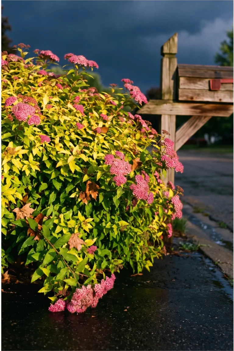 Lemon-lime foliage and hot pink flower heads of Limemound spirea lit by low sun under a black storm sky