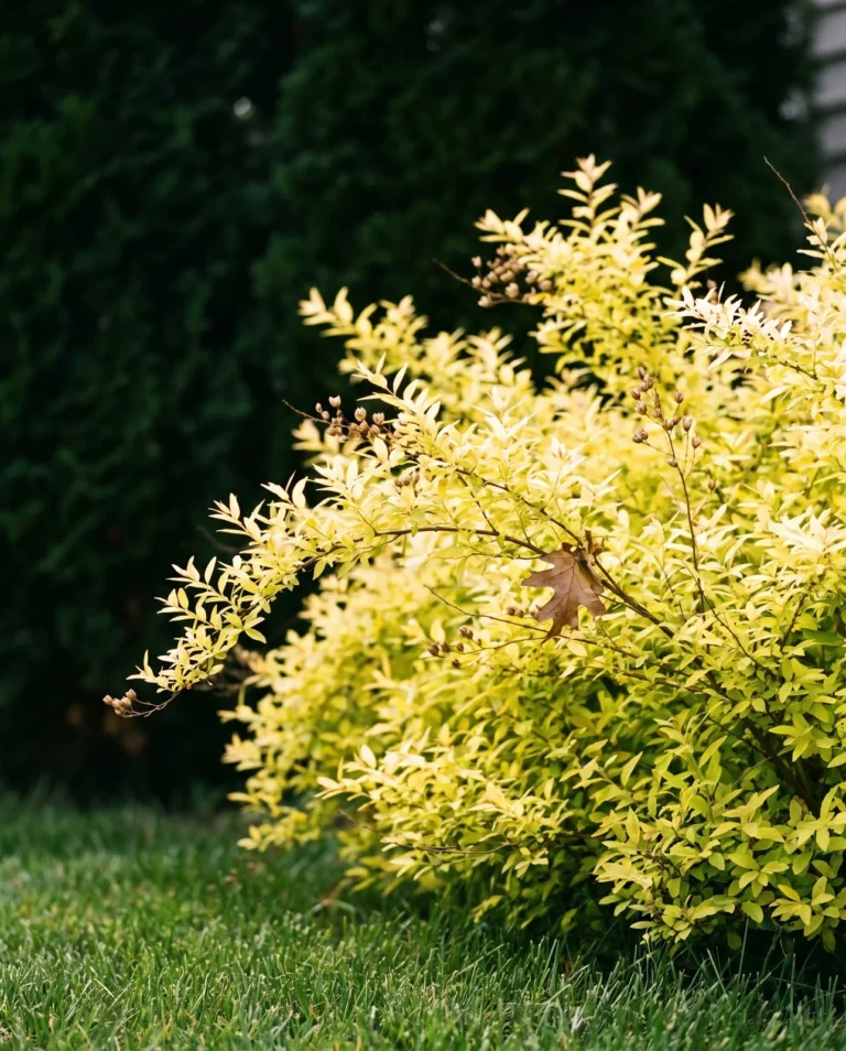 Fine willow-like butter-yellow foliage of Ogon Thunberg spirea lit from behind against a dark hedge