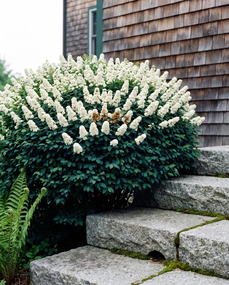 A neat three-foot Snowmound spirea with dark blue-green leaves and white clusters along the upper shoots