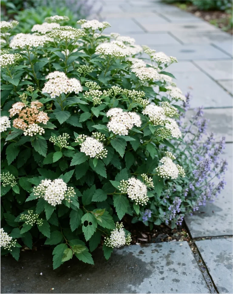 A dense two-foot Tor birchleaf spirea with broad toothed leaves and flat white clusters beside a bluestone path