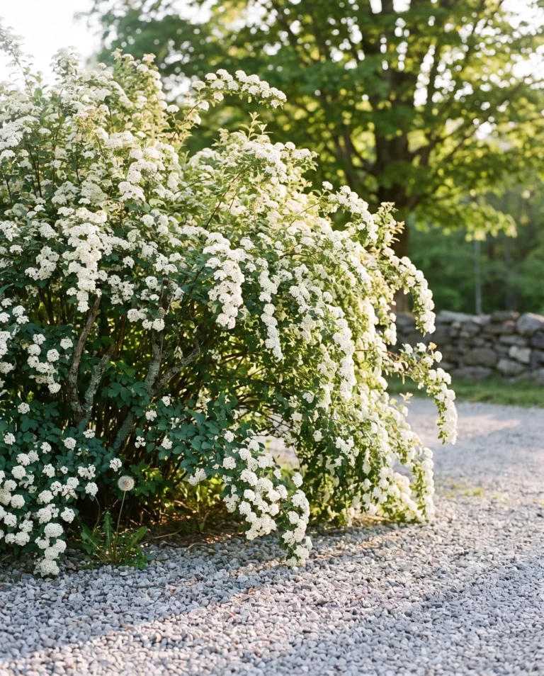 A seven-foot vase-shaped Vanhoutte spirea with canes arching to the gravel at a driveway turn in evening light