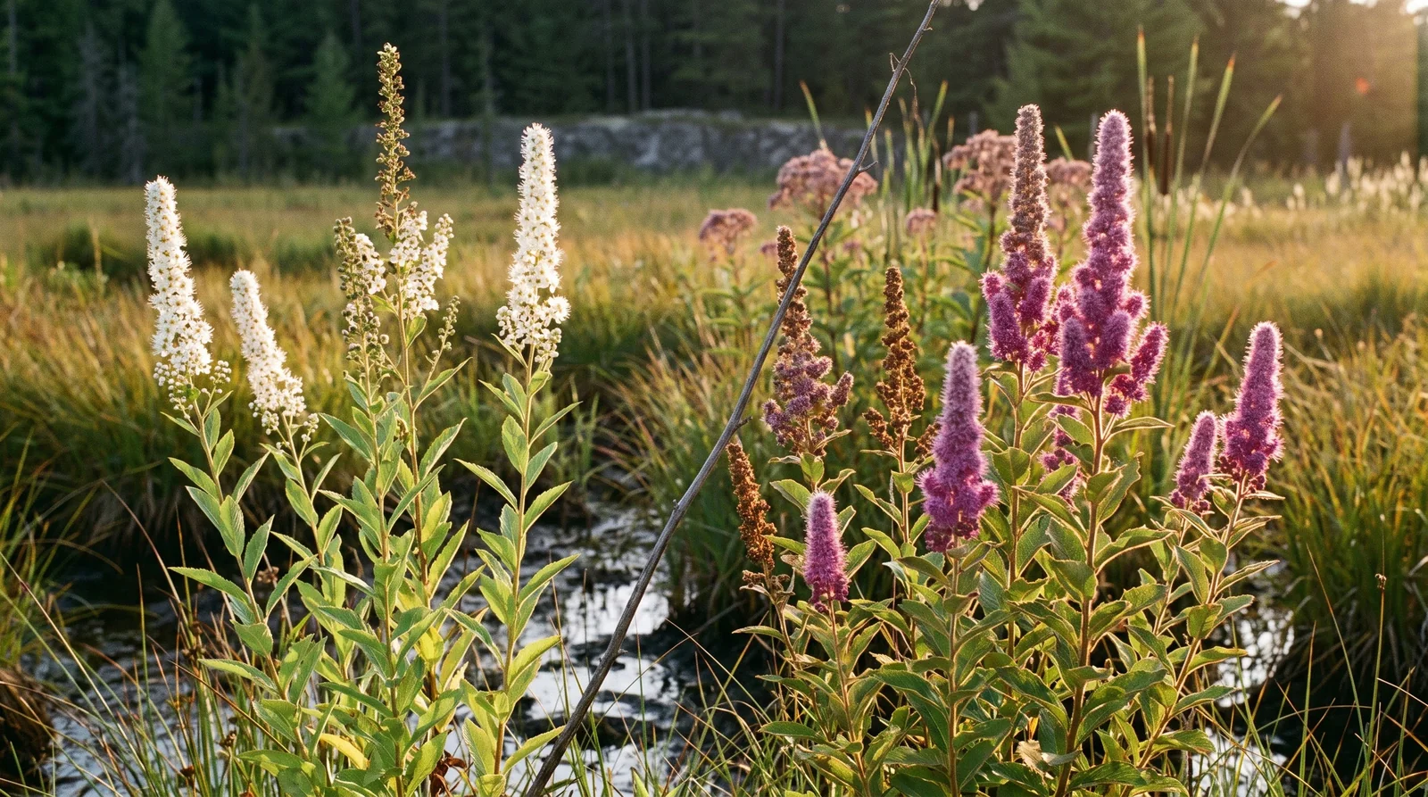 White meadowsweet and rose-purple steeplebush spires standing together in a wet sedge meadow at evening