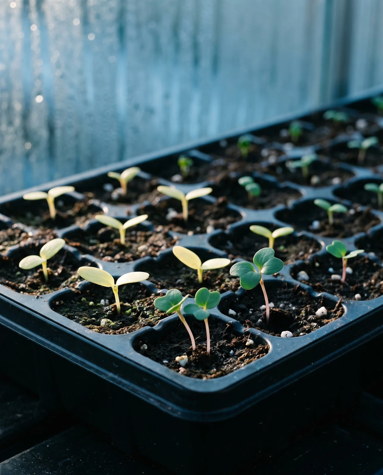 Macro of a stock seedling tray at the seed leaf stage, pale large cotyledons beside darker rounder ones